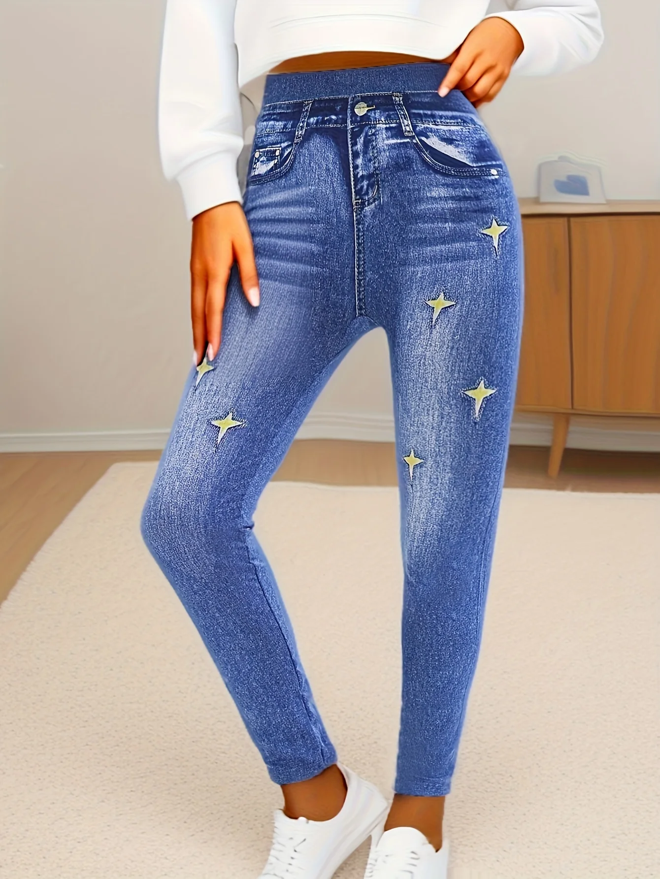 Casual Seamless Imitation Denim Tight Leggings For Women High Waisted Pentagram Elastic Sports And Fitness Pencil Pants