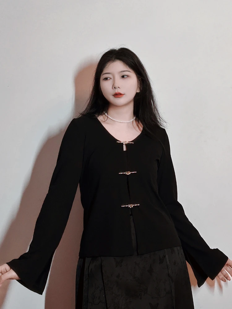 

Новая женская трикотажная кофта-кардиган больших размеров в китайском ретро-стиле, приталенная, с длинным рукавом и V-образным вырезом, повседневная