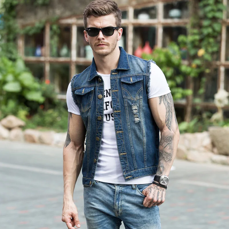 Men's New Sleeveless Cowboy Vest Spring Autumn Slim Cut Hole Vest Washed Vest