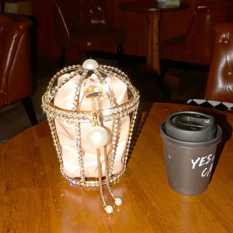 French  Bird Cage Bag Shiny Diamond Beaded Pearl Hollow Chain Dinner Bag Crossbody Bag