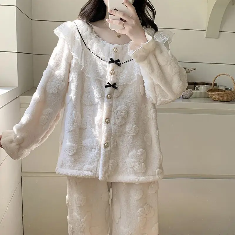 Vrouwen Herfst Winter Sexy Pyjama Set Mode Homewear Nieuwe Koreaanse Versie Lange Mouwen Warm Thuis Pak Coral Fleece Nachtkleding Sets
