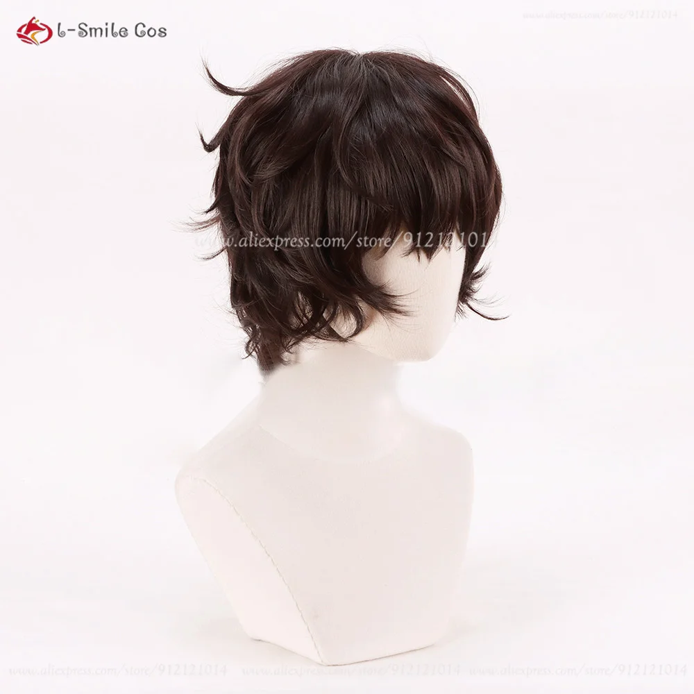 Dazai Osamu Cosplay Peruca com Boné, Cabelo Castanho Curto, Resistente ao Calor, Anime Couro cabeludo, 30cm, Alta Qualidade