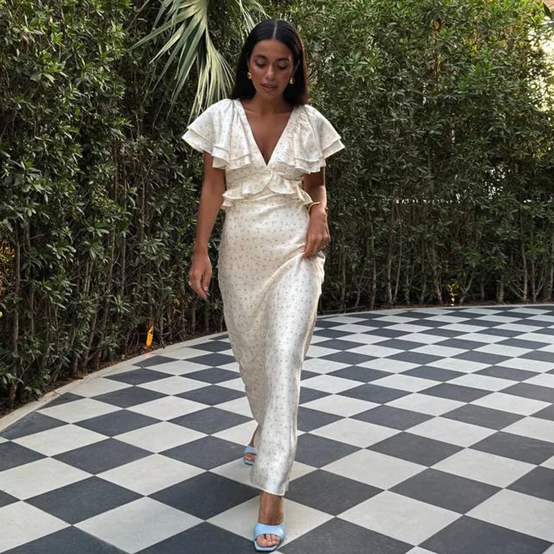 

Faionable Casual Loose Printed Sexy V-ne Dr Ele High Waist Pleated Long Skirt ort Sve Floral Evening Gown