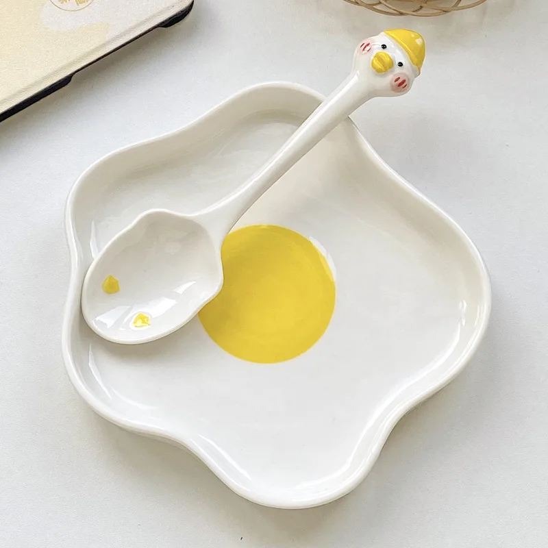 Creative Cute Fried Eggs Plate Hand Drawn Ceramic Plate Home Decorative Tray Korean Pretty Dish Breakfast Snacks Desserts Plates