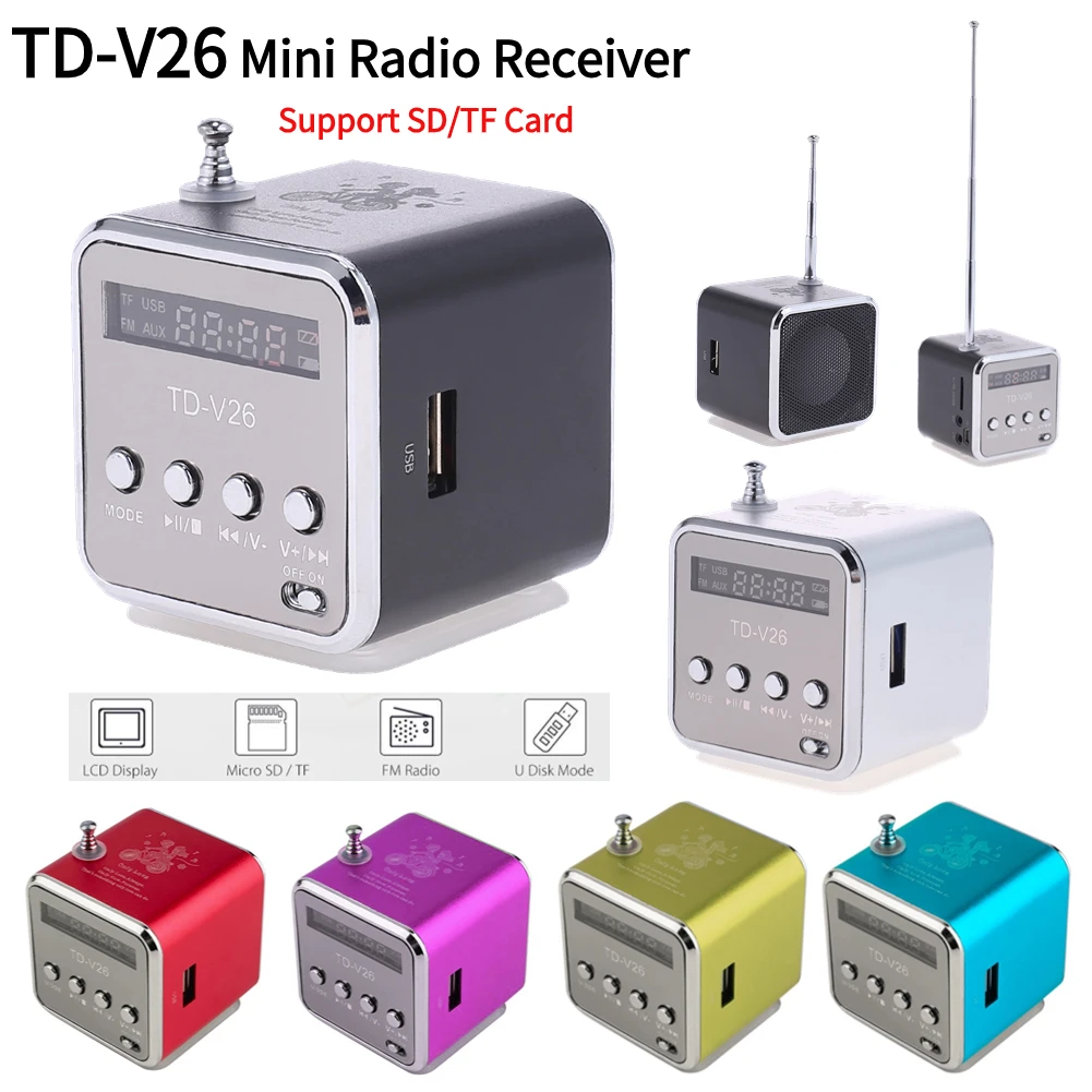 Portable TD-V26 Digital FM Radio Wireless Speaker Mini FM Radio Receiver LCD Display Stereo Loudspeaker Support SD/TF Card