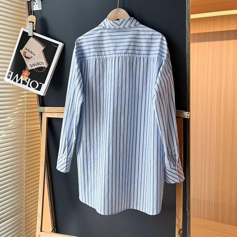 

Maxdutti 2026 Spring Elegant Shirts & Blouses Nordic Minimalist 95% Cotton Blue Striped Shirt Women's Clothes Shirts Tops Woman