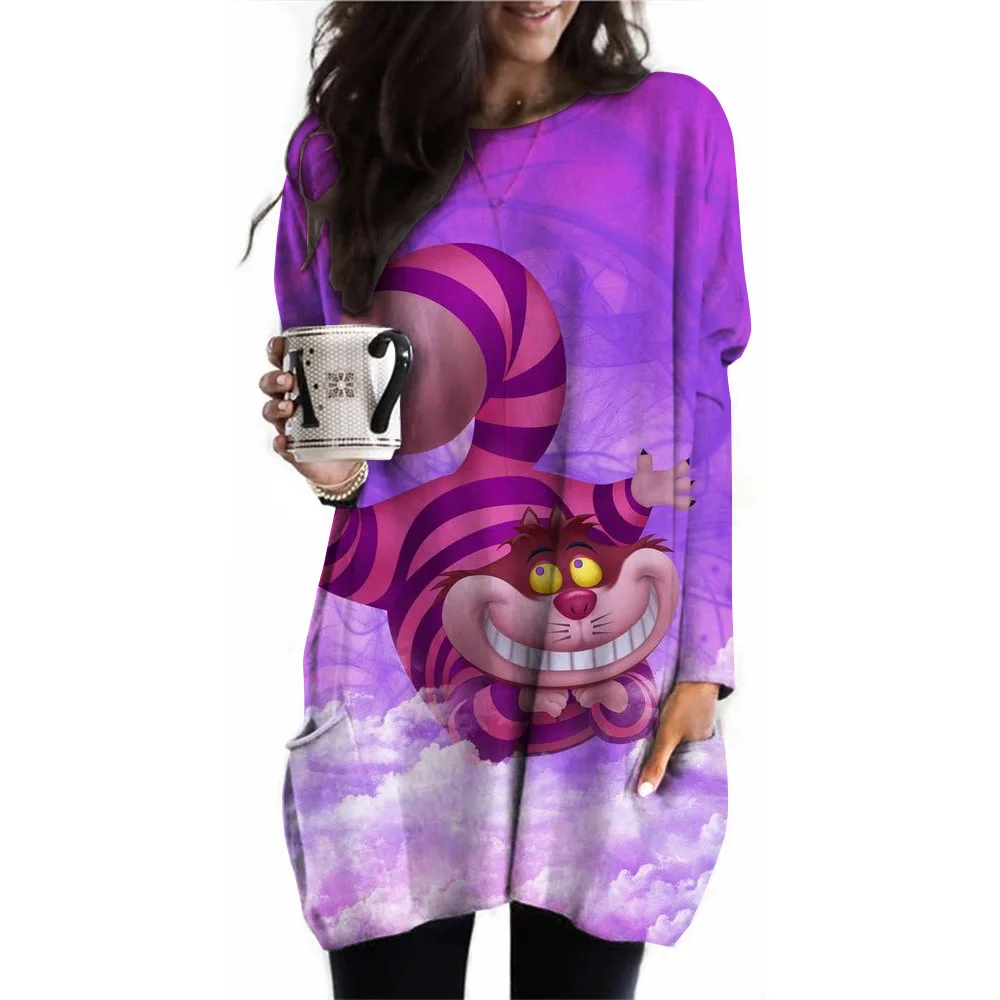 Women's Pocket T-shirt Disney Princess Fashion Loose Long Sleeve Cheshire Cat Printed Round Neck Pocket T-shirt Top Women's Spor