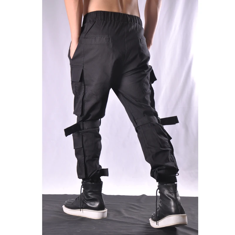 Fashion Multi Pocket functional tactical paratrooper pants Velcro bandage overalls men's loose legged casual pants