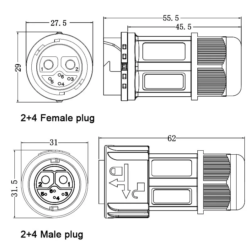 M23 M25 2+4 Welded Waterproof Plug 6Pin Self-locking New Energy Lithium Battery Charger High Current Female Socket Male Plug