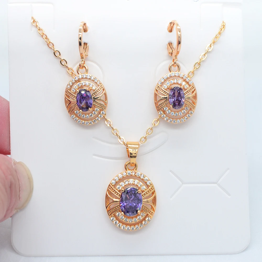 Fashion Gold Color Women Red Cubic Zirconia Oval Design Wedding Jewelry Set image 2