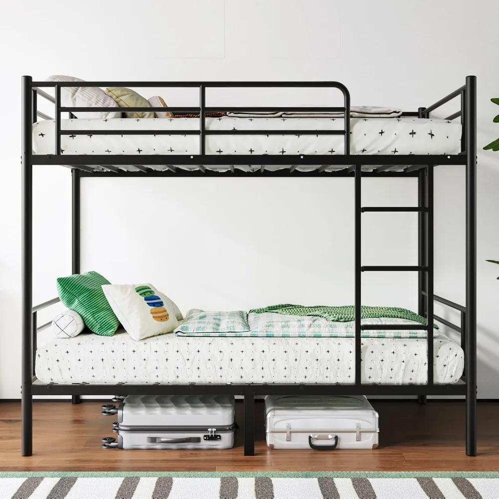 سرير بطابقين، سرير بطابقين مزدوج فوق التوأم للأطفال المراهقين البالغين مع سلالم ودرابزين، شرائح معدنية قوية شديدة التحمل. #5
