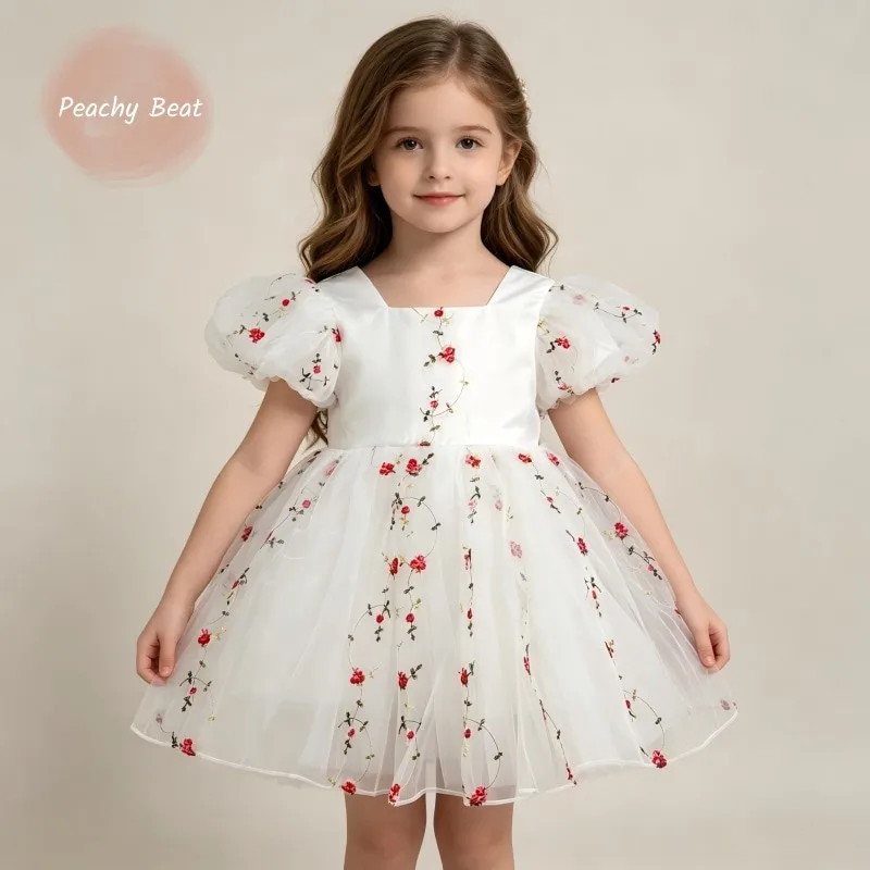 

Baby Girl Princess Floral Embroidery Dress Puff Sleeve Infant Toddle Teens Child Vintage Tulle Vestido Birthday Party Ball Gown