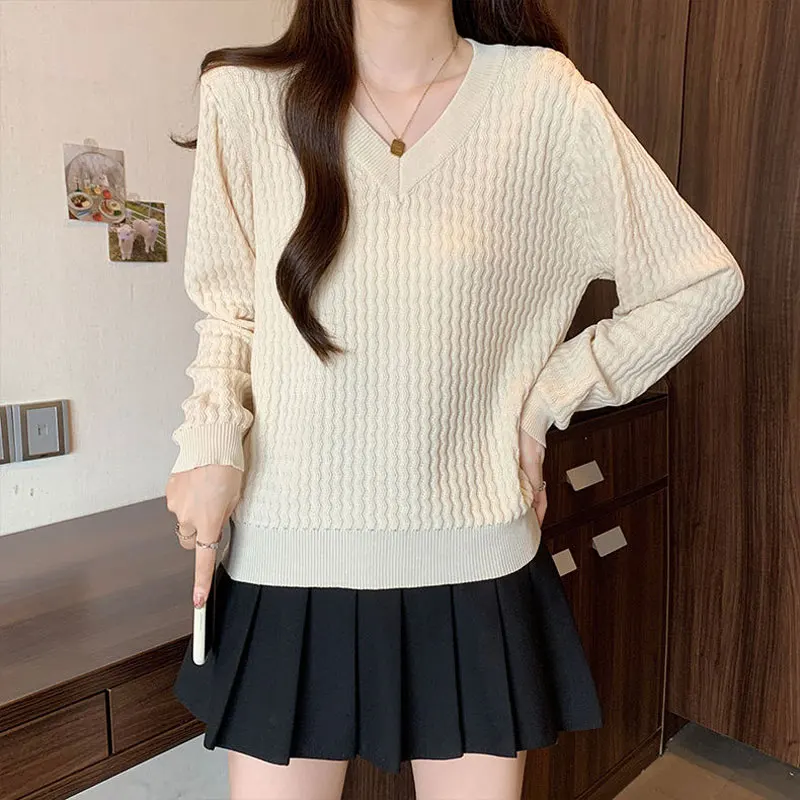 

Basic Screw Thread Sweaters Women's Clothing Solid Color Autumn Winter Casual V-Neck Loose Commute Long Sleeve Knitted Jumpers