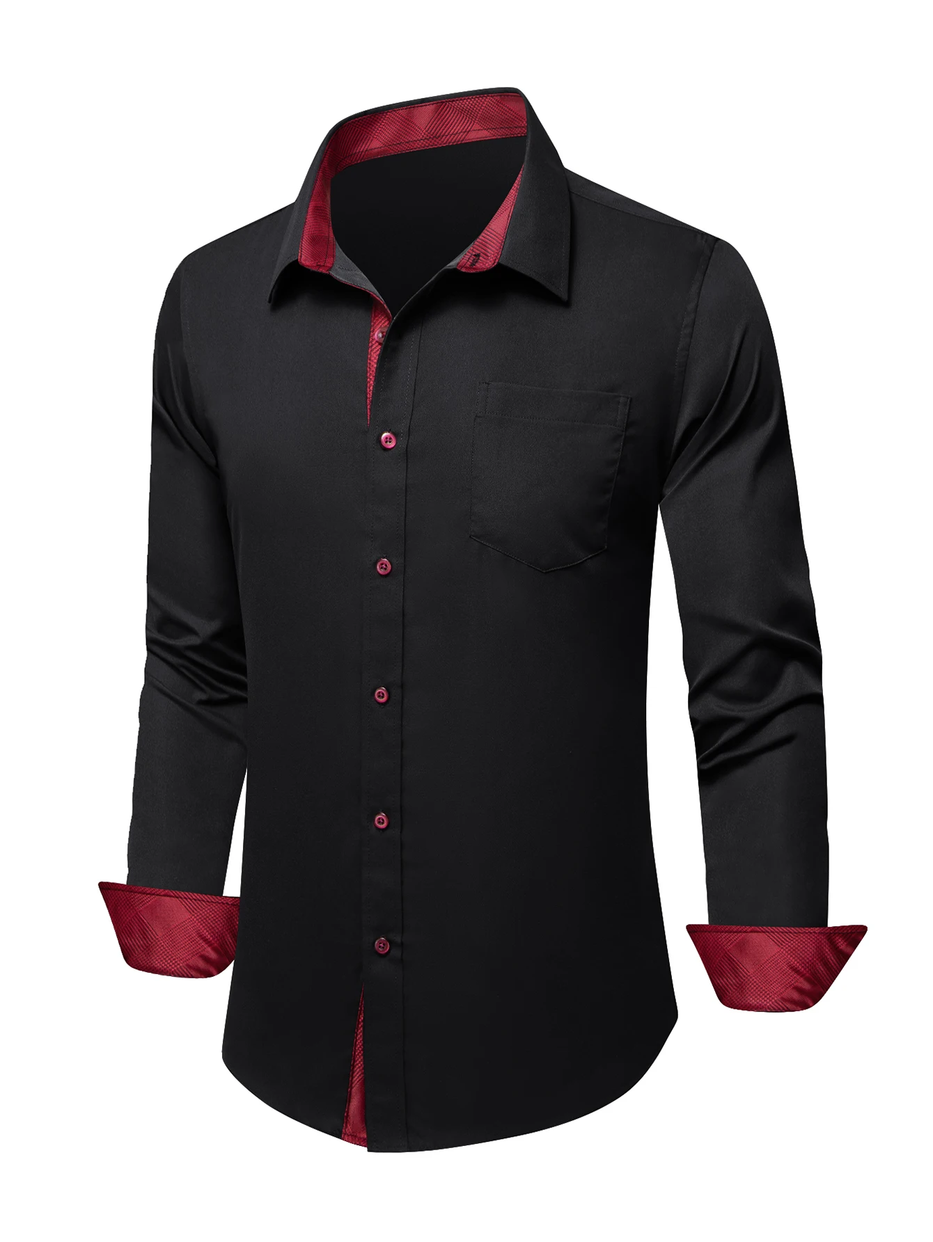Men's simple color-blocked dress shirt in black, yellow, burgundy, and fuchsia for dates, banquets, parties mens clothes