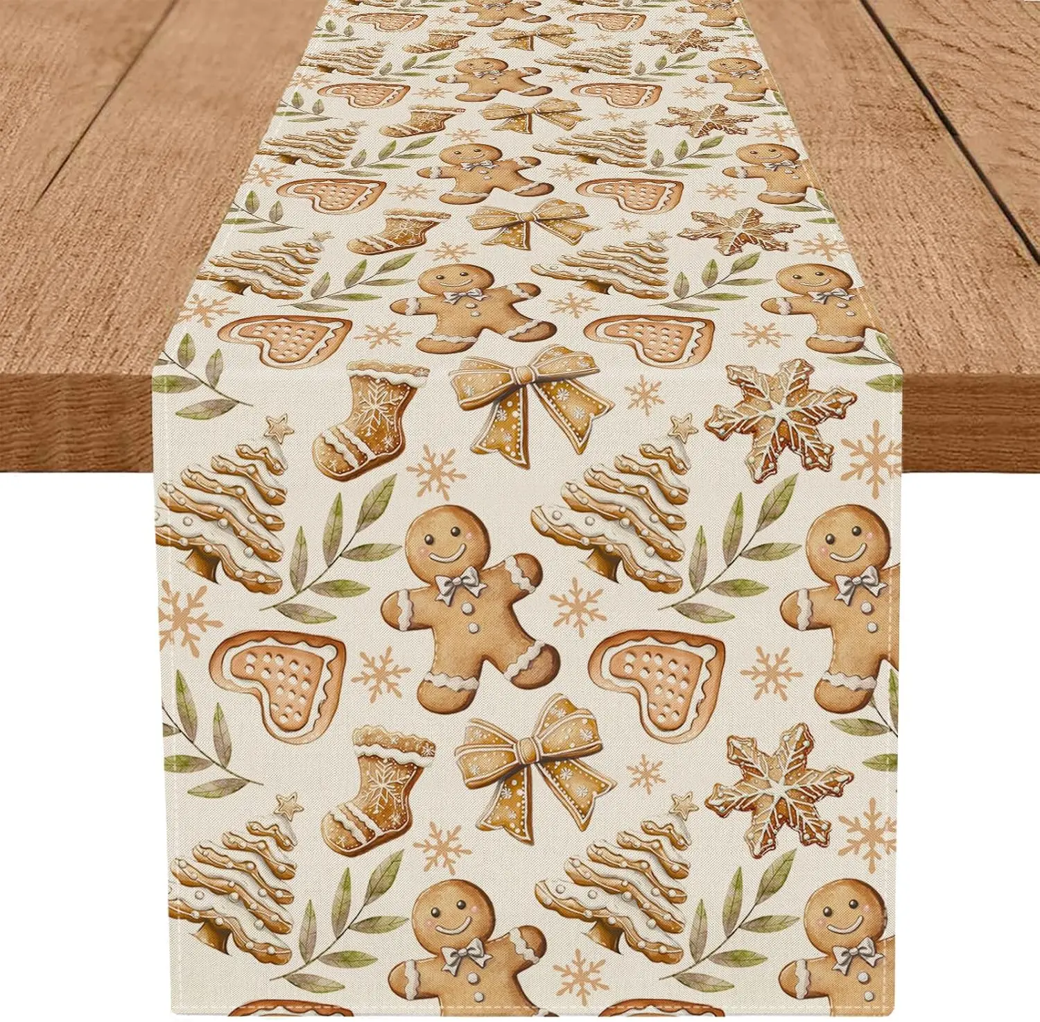 Christmas Gingerbread Man Linen Table Runner Party Decor Winter Xmas Holiday Kitchen Dining Table Runner Christmas Decorations