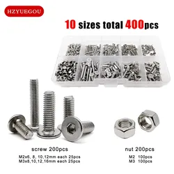 400pcs/box M2 M3 Allen Hexagon Hex Socket Ultra Thin Flat Wafer Head Screw Bolt Nut Assortment Kit Set 304 A2-70 Stainless Steel