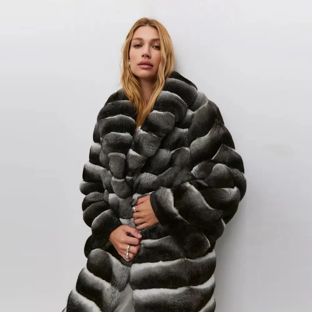 Winter Luxus Chinchilla Langen Mantel Frauen Echt Rex Kaninchen Fell Mantel Mode Elegante Echte Natürliche Pelz Dicke Oberbekleidung