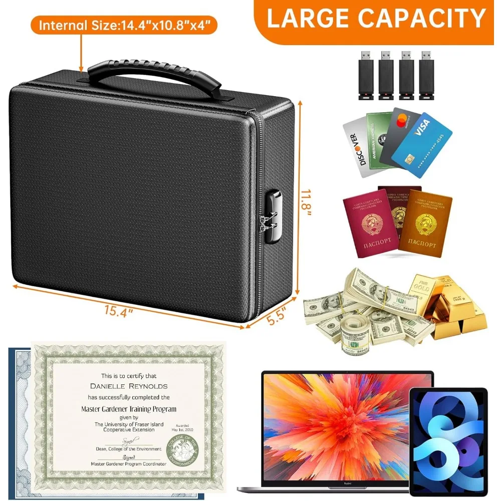 Scatola per documenti ignifuga, con cerniera e lucchetto ignifuga, 6400 ° F Isolamento termico resistente al fuoco e all'acqua per laptop Cash Black