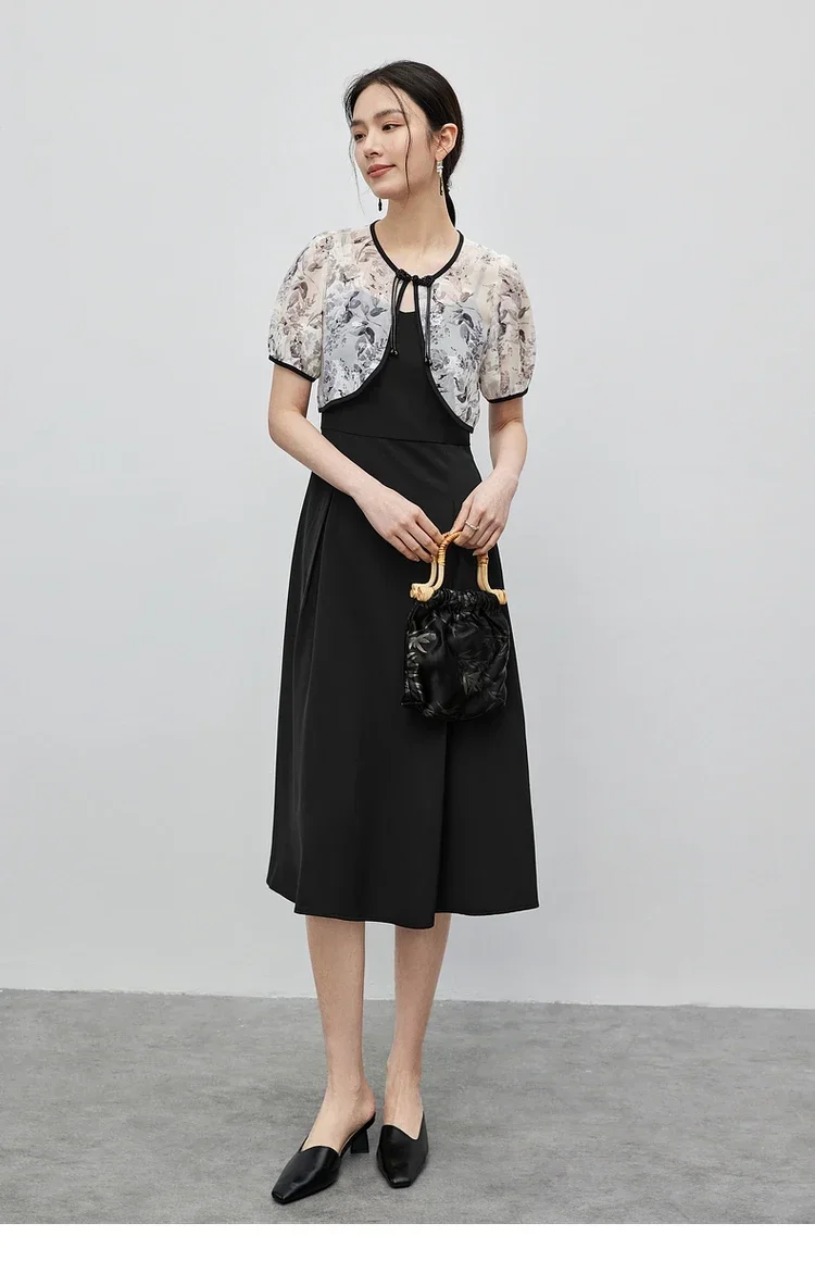 

SENTUBILA Elegant Chinese Style Black Dresses Set Cropped Printed Top Midi Camisole Dress 2025 Summer Women's Suit W42Z54868