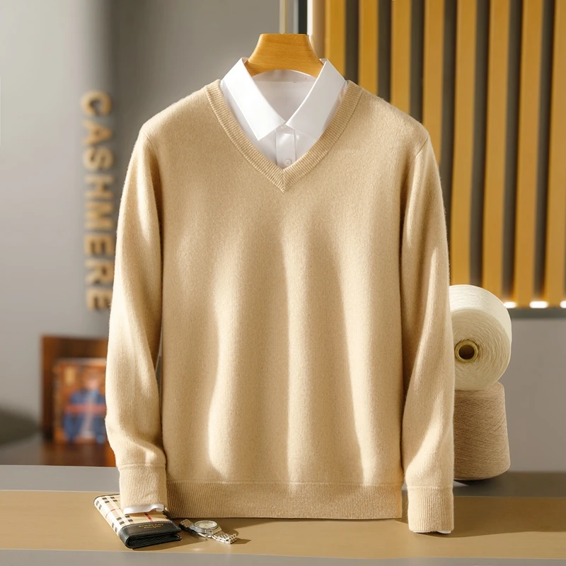 New Autumn And Winter High-End Top 100% Goat Cashmere Men's Bottom Sweater Thick Knit Sweater V-neck Warm Sweater Pullover