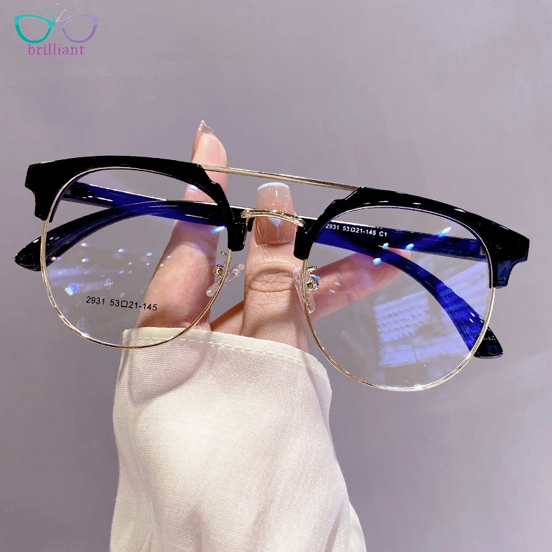 Fashion Exquisite Men and Women Dual Beam Glasses Frame Acetate Alloy New Half Frame Circular Myopia Optical Reading Eyeglasses