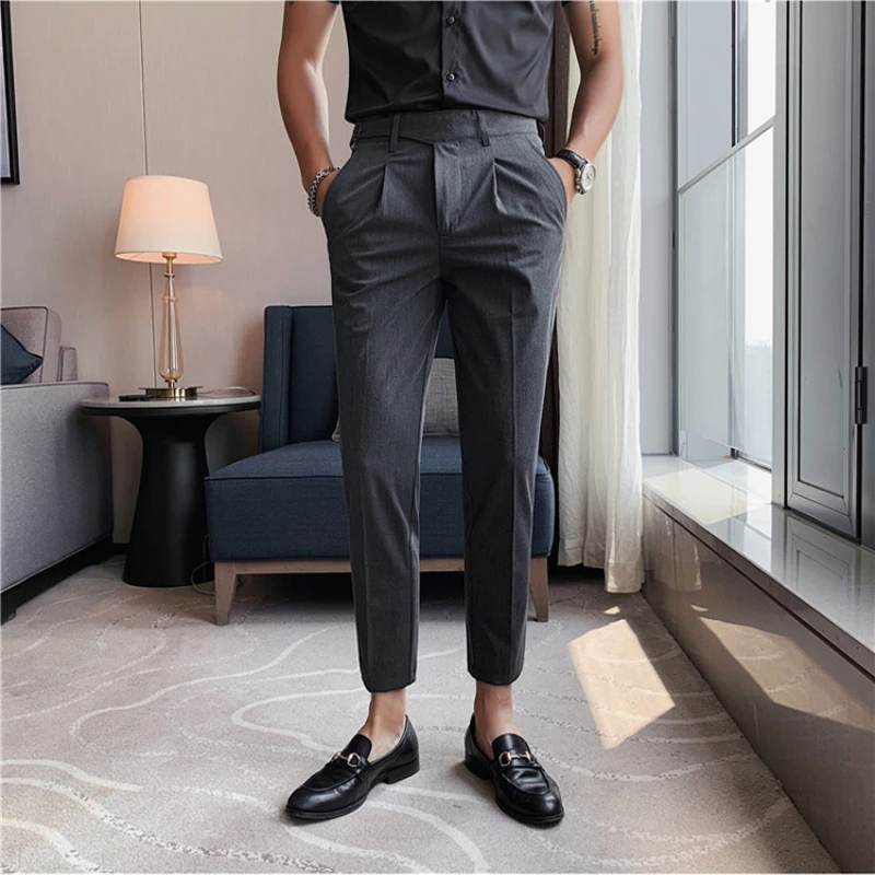 Pantalones de traje elásticos de alta calidad para hombres, pantalones formales de negocios, oficina, vestido Social, pantalones ajustados,