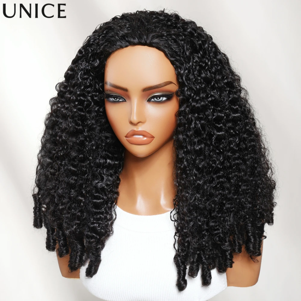 UNice Seamless Blend Flip Over 3-In-1 Half Wig 100% Human Hair Burmese Curly Wig With Finger Coil Ends Wig