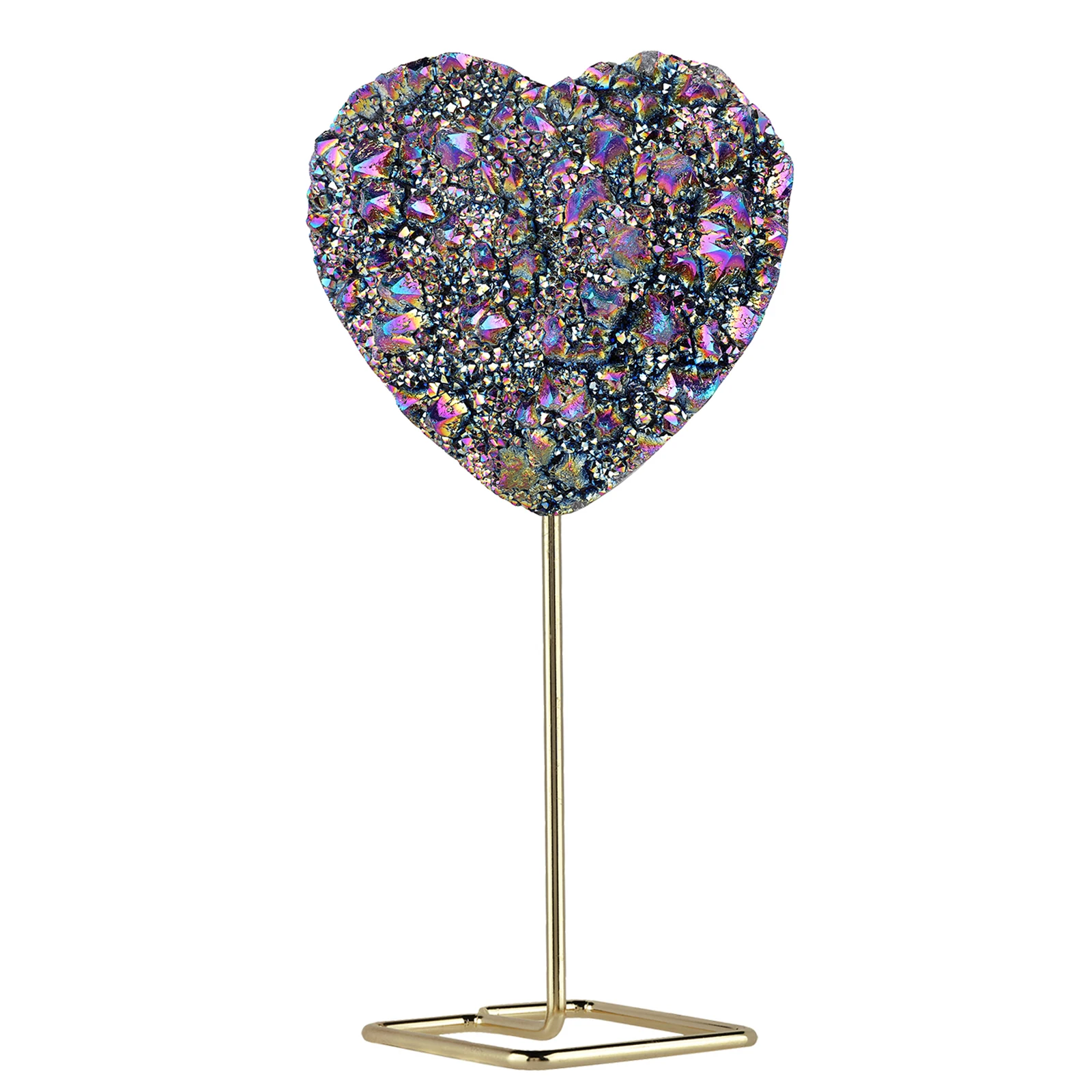 

Love Heart Shape Titanium Coated Rock Quartz With Display Stand Healing Crystal Cluster Stone Crafts For Home Ornaments Decor