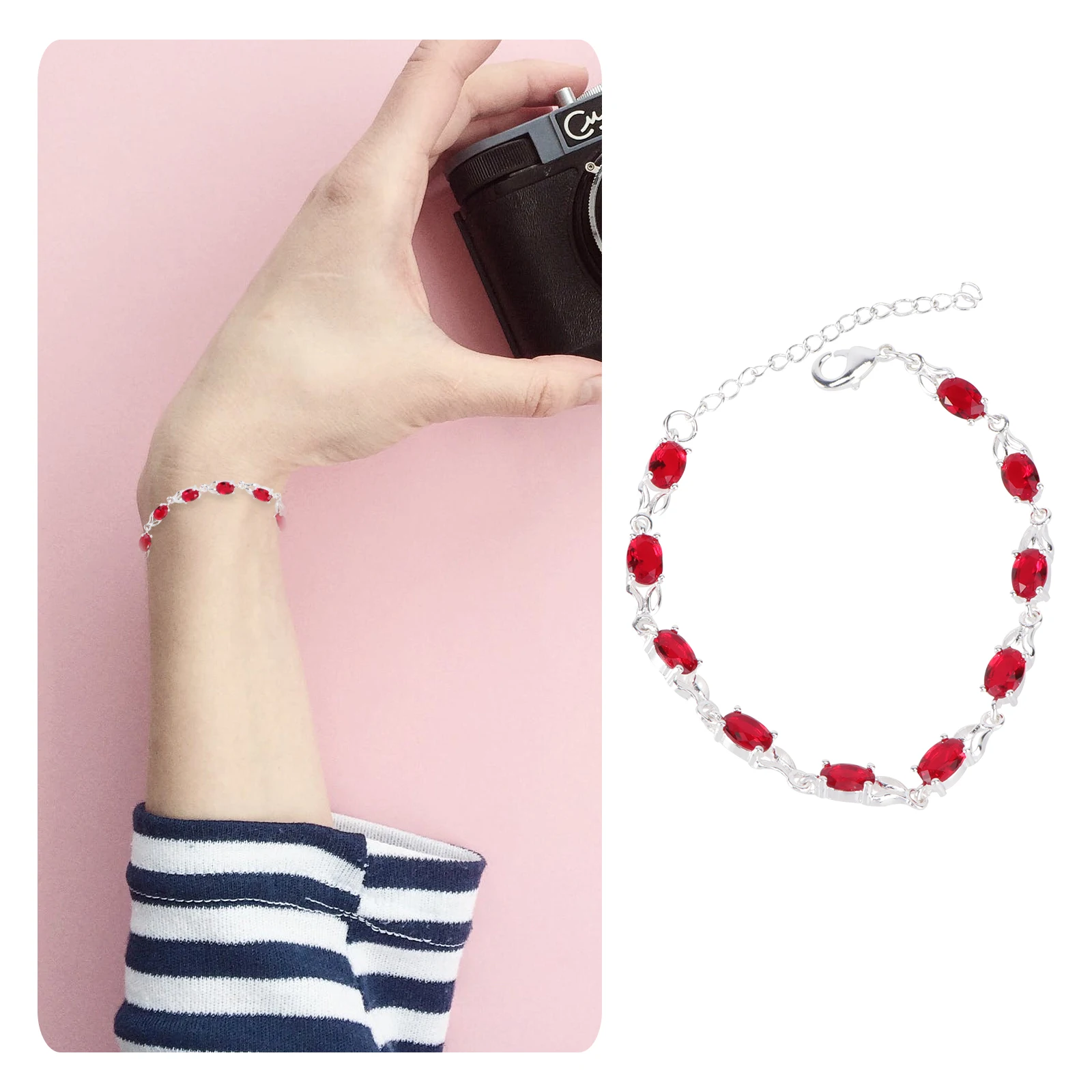 

Copper Rhinestone Bracelet Silver Plated Fashion Jewelry Red Silver Elegant Gift for Women Girls Bracelets