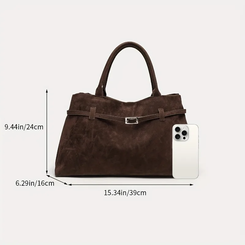1pcs Faux Suede Tote Bag with Buckle Strap Boho Chic Handbag for Women Casual Daily Outing Crossbody Travel Shoulder Bag