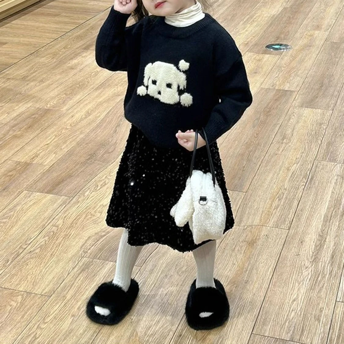 2026 Autumn Winter New Korean Style Cute Puppy Sweater Skirt Set for Girls Sequins Fleece Lined Half Skirt Children's Outfit