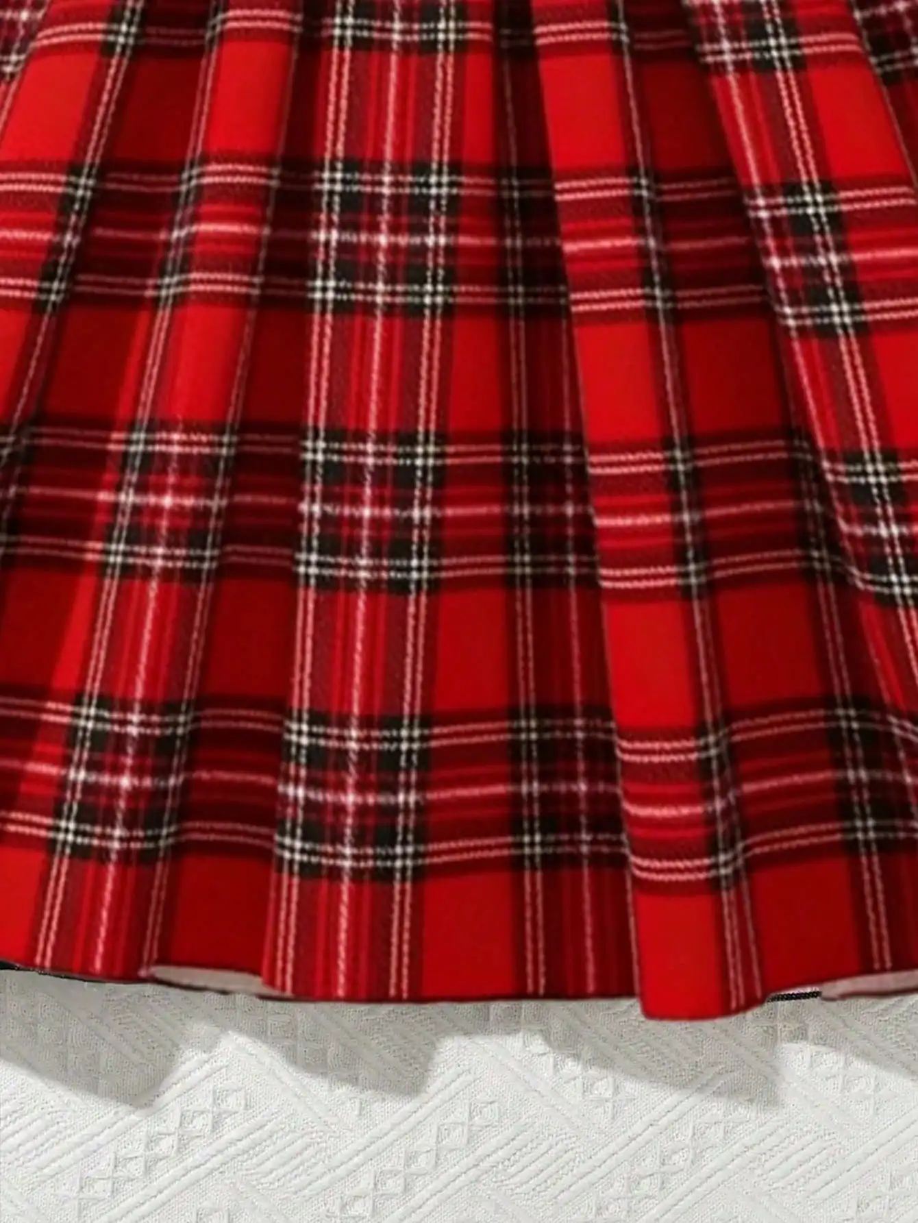 Mädchenkleid mit Rundhalsausschnitt, langen Ärmeln, Karomuster, Schleife, A-Linien-Rock, mittellanger Rock, einfarbig, Kinderbekleidung – Detail 6