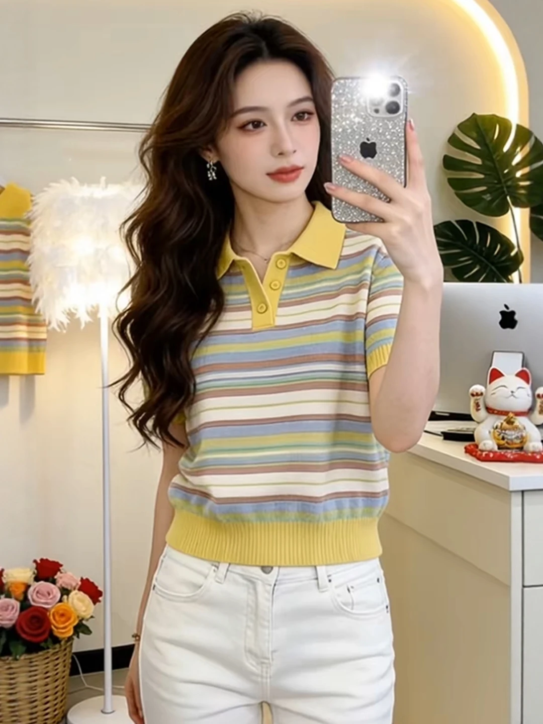 

Summer Slimming Striped Neck Short Sleeve Knitted Sweater for Women Beautiful Unique Large Size Fat MM Commute Style Kor...