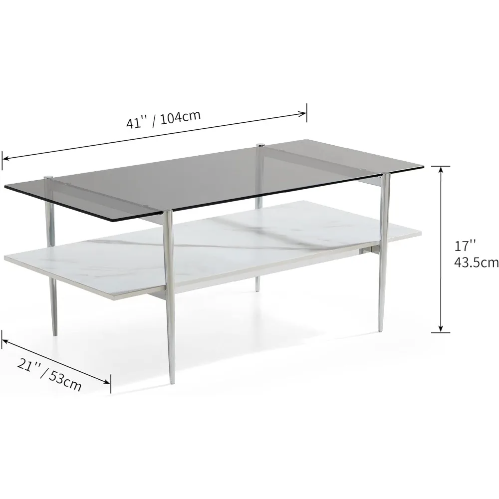 202206 Tadio Glass Coffee Table, Double Layer Coffee Table for Living Space, Gold Finish Frmae, Coffee Brown Glass