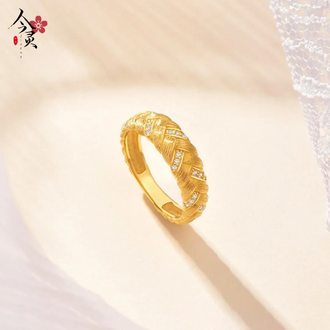 Luxury 24K 9999 Pure Gold real gold Gold shop with diamond twist ring wiredrawing wide ring