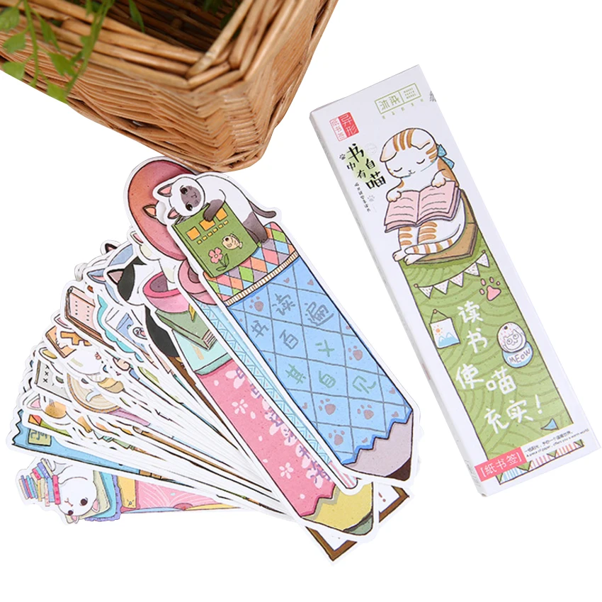 30pcs/pack kawaii cartoon reading cats paper bookmark page holder message label cards school and office suppliers