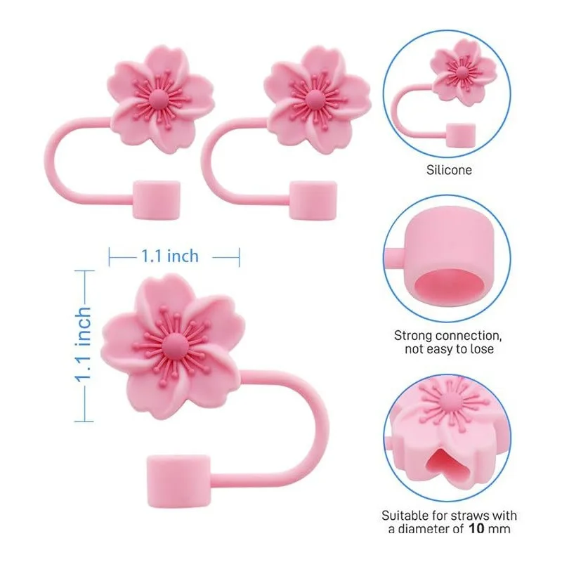 Begonia Flower Straw Cover Cap 10mm 0.4in Silicone Straw Tips Lids Reusable Dust-Proof Straw Topper for Stanley Cup Party Decor