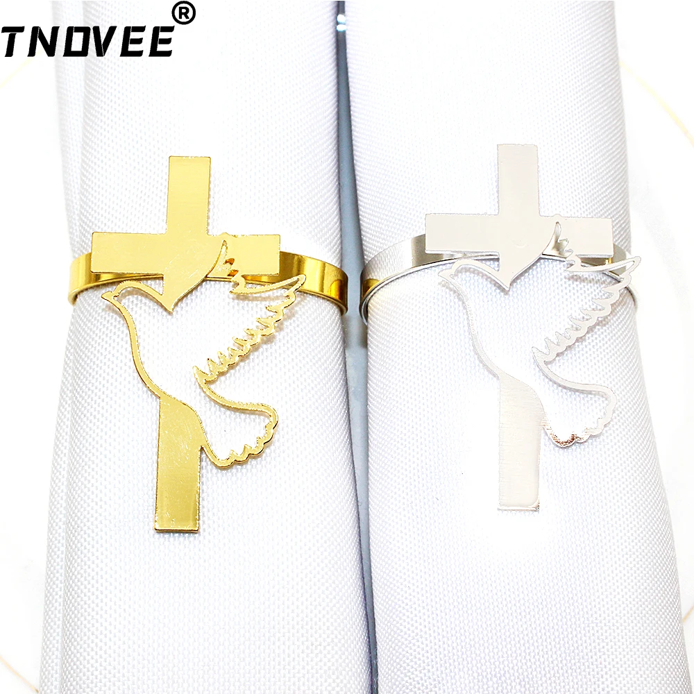 6Pcs Peace Dove Cross Napkin Rings Metal Napkin Ring Holder Gold Napkin Buckles for Religious Gift Supplies Party Table Decor