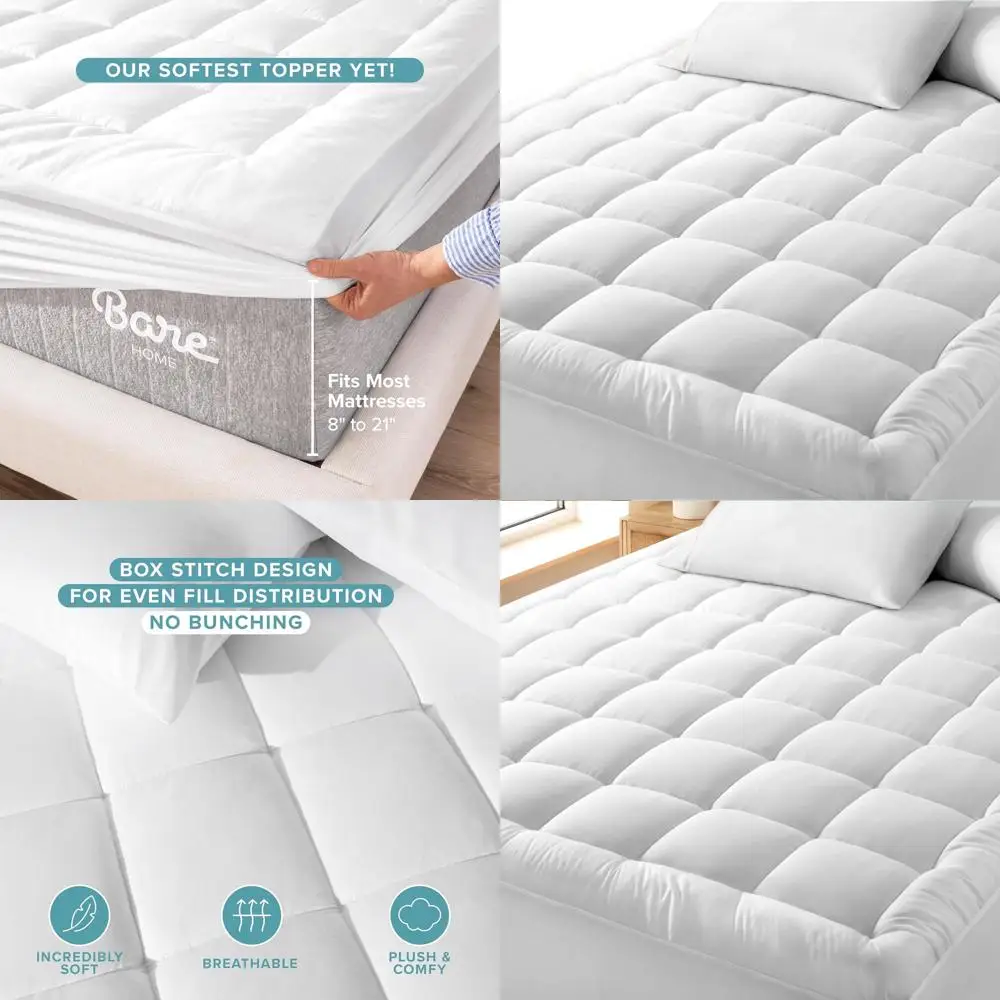 

Cotton Plush King Mattress Topper - Breathable Cooling Pad with Fitted Cover for 8-21 Deep Mattresses