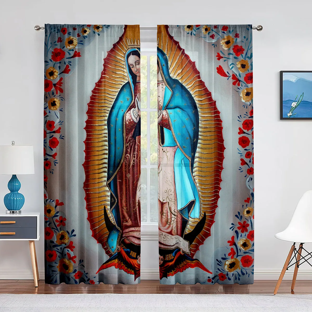 Our Lady Guadalupe Mexican Saint Virgin Mary Floral Sheer Voile Curtains for Bedroom Living Room Kitchen Chiffon Tulle Curtains