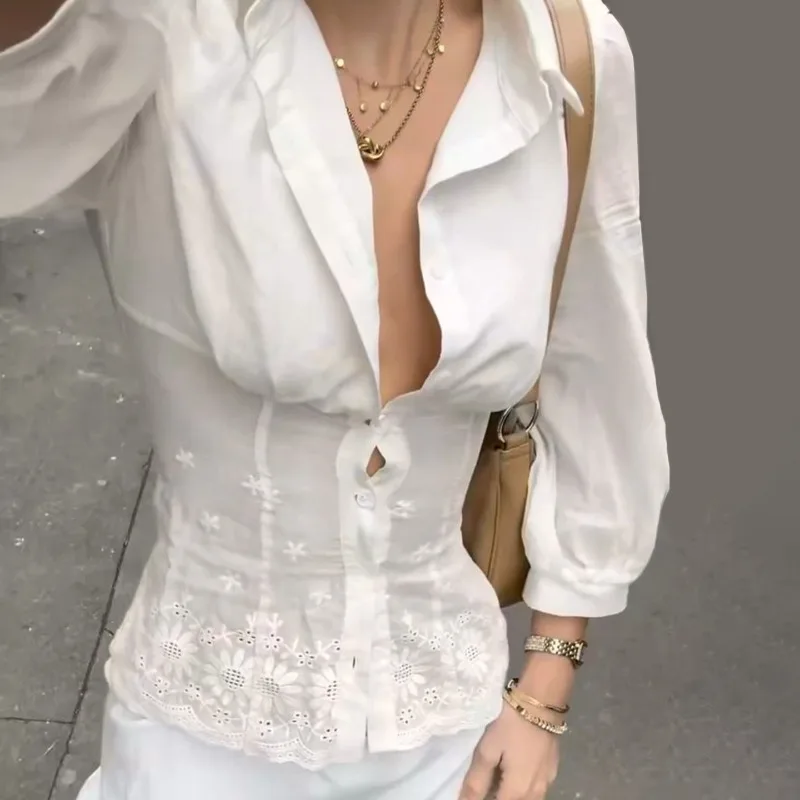 

Tuularose White Lace Shirt Elegant Vintage Lace Patchwork Slim Button Blouses Top Luxury Casual High Waisted Lapel Women Shirt