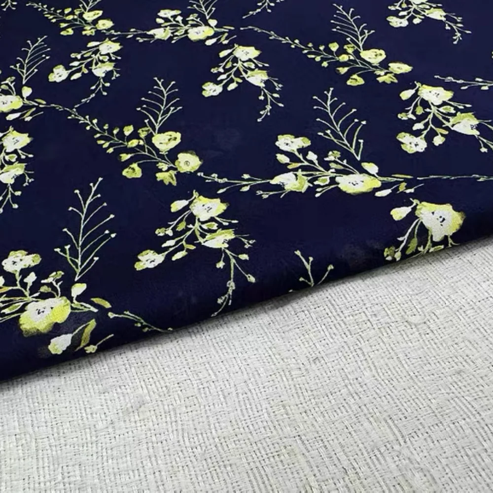 Attractive Graceful Blue Base Small Yellow Flower Design Comfortable Silk Spandex Georgette Fabric for Women Costume lady Dress
