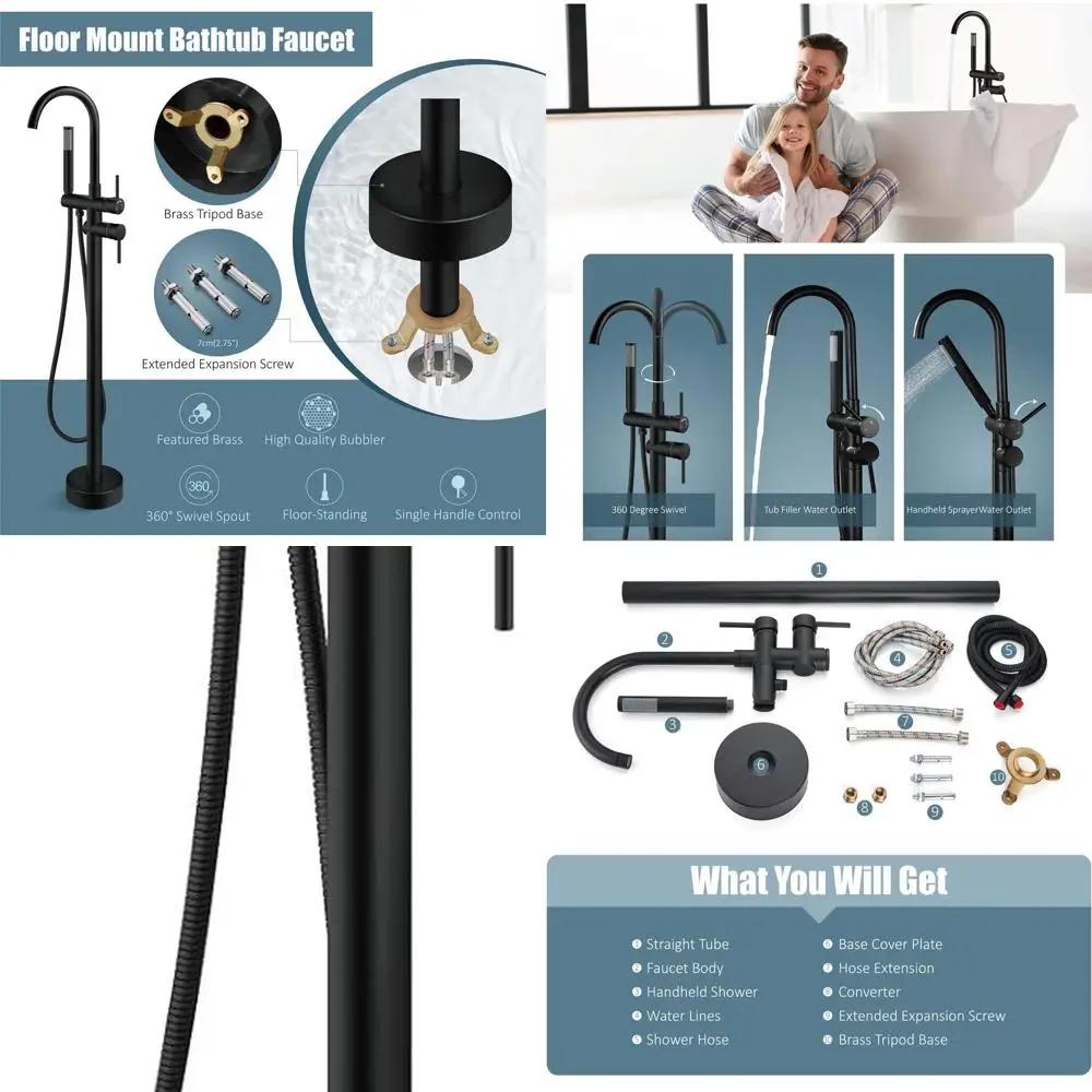 

Freestanding Tub Filler with High Flow Shower Mixer, Matte Black Swivel Spout and Handheld