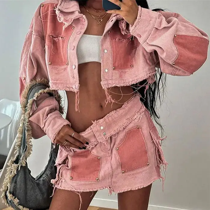 Denim Suit Contrast Color Raw Edge American Street Hot Girl Cool Hipster Single-Breasted Jacket+Peach Hip Skirts Pocket Matching