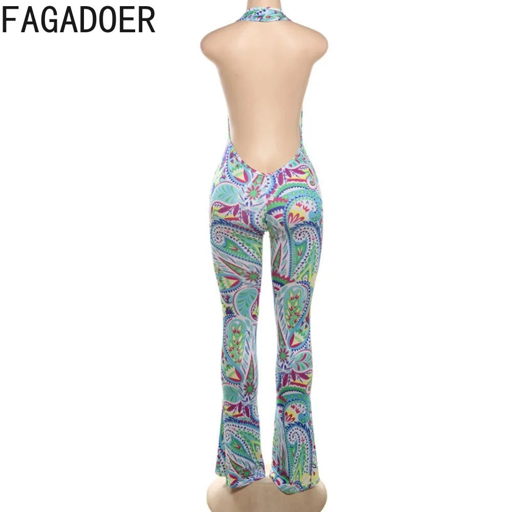 FAGADOER Green Fashion Retro Pattern Printing Halter Bodycon Jumpsuits Women Deep V Sleeveless Backless Playsuits Female Overall