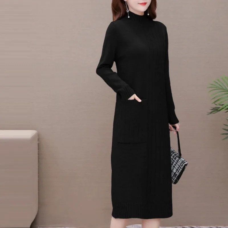 Autumn and Winter Women\'s Pullover Round Neck Patchwork Pocket Screw Thread Bottom Fashion Casual Elegant Long Sleeve Dress