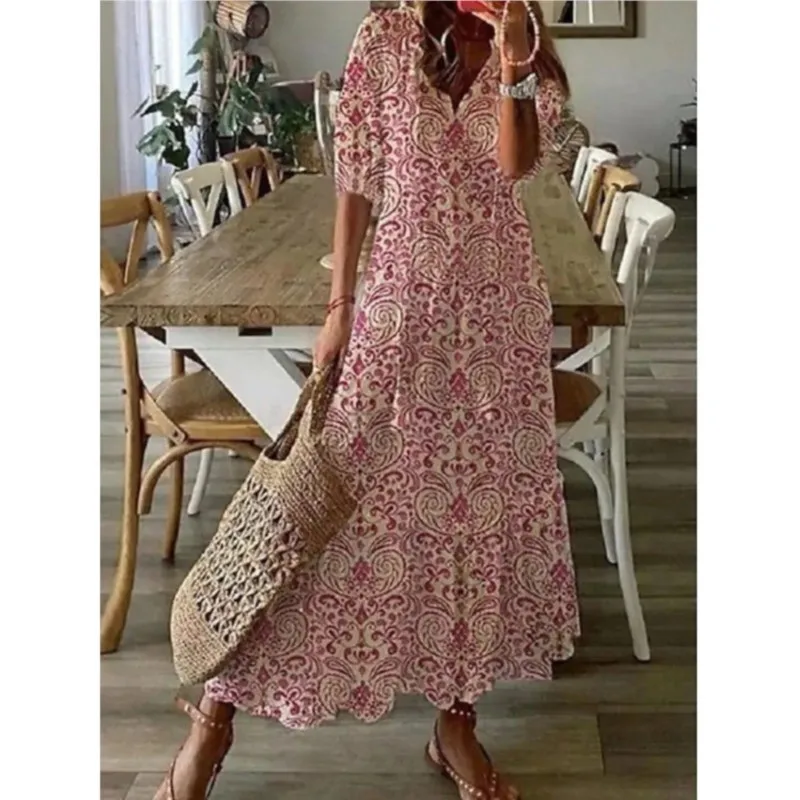 Vestidos largos bohemios con estampado elegante y cuello en V para mujer, vestido de fiesta con bolsillo para verano y primavera, Vestidos con volantes y media manga acampanada para otoño 2025