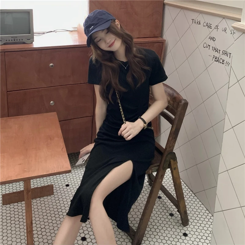 Ature T-shirt mi-long pour femme Dr Design fendu asymétrique coupe ajustée taille haute jupe trapèze coréenne Sle été Dr