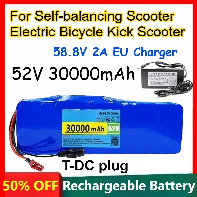 14S3P 52V 30Ah 18650 Lithium-ion Battery for Self-balancing Scooter Electric Bicycle Kick Scooter Batteries +58.8V 2A EU Charger