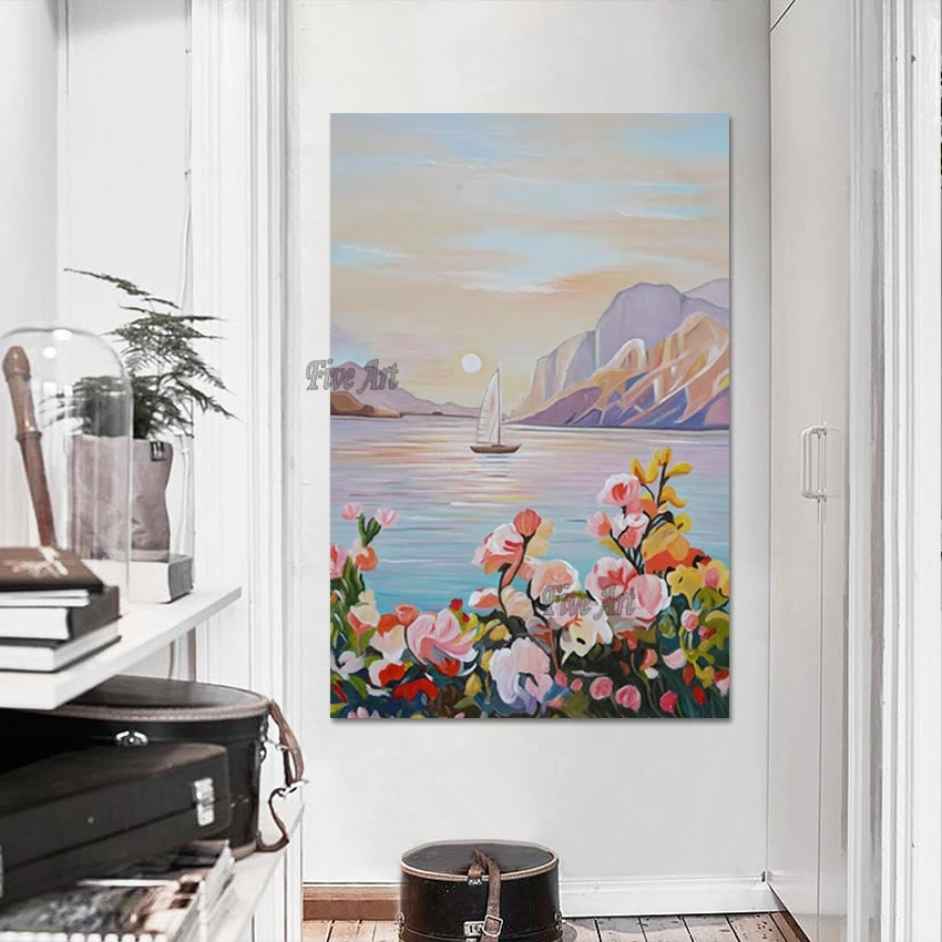 

Красивый акриловый дизайн, текстурированные художественные картины, холст, цветы ручной работы, пейзажное произведение искусства, безрамное, 3D абстрактное изображение лодки